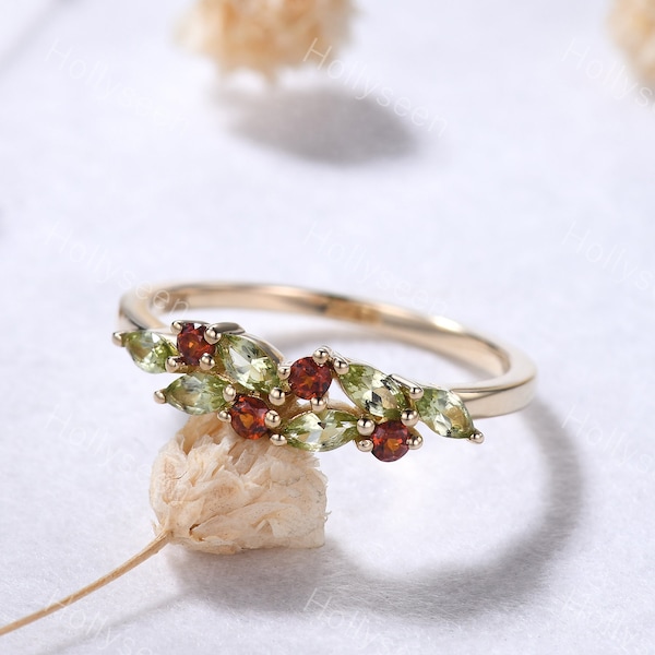 Marquise Peridot Garnet Yellow Gold Ring Vintage Green Red Gemstone Cluster Wedding Ring Dainty Birthstone Ring Anniversary Gift Women