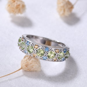 Vintage Peridot White Gold Wedding Ring Band Sterling Silver Citrine Blue Topaz Ring Dainty Birthstone Engagement Stacking Ring for Women