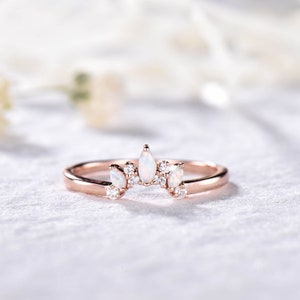 Fire Opal Wedding Band Moissanite Wedding Ring Rose Gold Engagement Ring Stacking Ring Curved Wedding Band Sterling Silver Dainty Ring Band