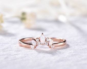 Fire Opal Wedding Band Moissanite Wedding Ring Rose Gold Engagement Ring Stacking Ring Curved Wedding Band Sterling Silver Dainty Ring Band