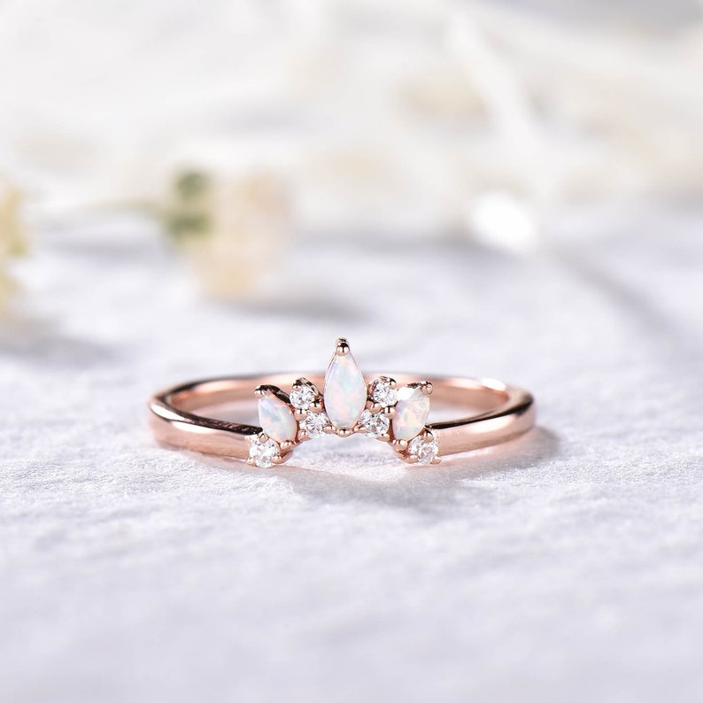 Fire Opal Wedding Band Moissanite Wedding Ring Rose Gold Engagement Ring Stacking Ring Curved Wedding Band Sterling Silver Dainty Ring Band 