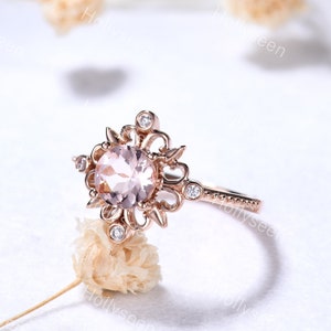 Unique Round Cut Morganite Halo Engagement Ring 14k Rose Gold Vintage Flower Pink Morganite Ring Art Deco Natural Inspired Ring for Women image 1