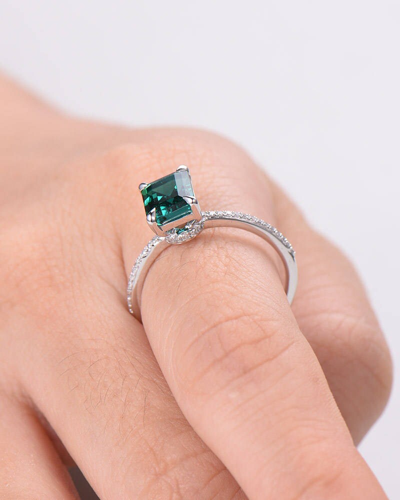 Lab Emerald Engagement Ring 14k White Gold Emerald Cut 925 Etsy