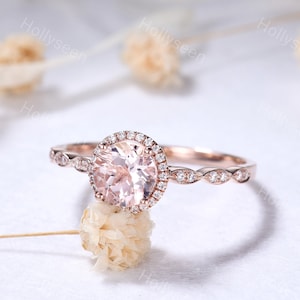 1ct Round Cut Pink Morganite Engagement Ring 14k Rose Gold Vintage Moissanite Halo Ring Pink Gemstone Ring Marquise Milgrain Ring for Women
