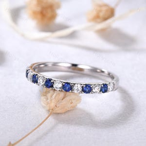2mm Blue Sapphire Moissanite Wedding Band Silver White Gold Ring Half Eternity September Birthstone Ring Gemstone Stacking Ring Promise Gift