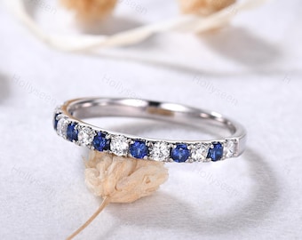 2 mm blauwe saffier moissaniet trouwring zilver witgouden ring halve eeuwigheid geboortesteen september ring edelsteen stapelring belofte cadeau