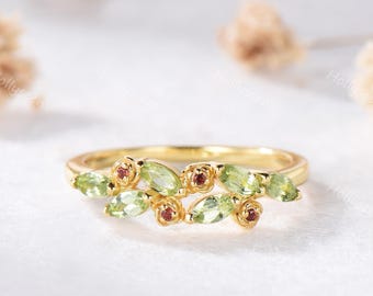 Floral Marquise Peridot Garnet Rose Flower Ring Solid Gold Dainty Green Red Gemstones Cluster Ring Nature Inspired Birthstone Ring for Her