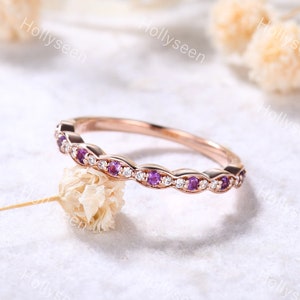 Amethyst Wedding Band Moissanite Wedding Ring Rose Gold Eternity Ring Dainty Wedding Band Viking Ring Marquise Ring Stacking Ring for Women