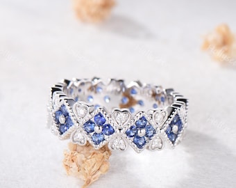 Vintage Blue Sapphire Wedding Band Sterling Silver Full Eternity Heart Blue Gemstone Stackable Ring Art Deco September Birthstone Stack Ring