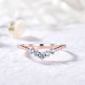 Blue Topaz Wedding Ring Moissanite Wedding Band Rose Gold Curved Wedding Band Viking Ring Unique Ring Art Deco Band Dainty Ring for Women