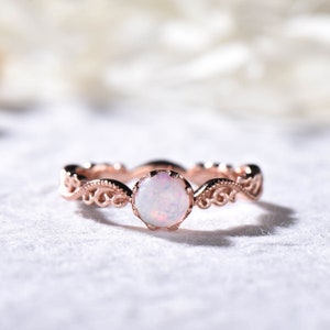 Rose Gold White Fire Opal Ring Engagement Ring Vintage Filigree Wedding Ring Unique Birthstone Gift for Women Bridal Set Retro Vintage