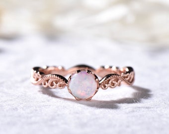 Rose Gold White Fire Opal Ring Engagement Ring Vintage Filigree Wedding Ring Unique Birthstone Gift for Women Bridal Set Retro Vintage