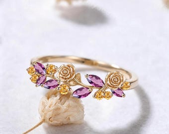 Rose Botanical Marquise Pink Tourmaline Citrine Wedding Band Floral Solid 14k Yellow Gold Flower Nature Inspired Yellow Stones Leaf Ring