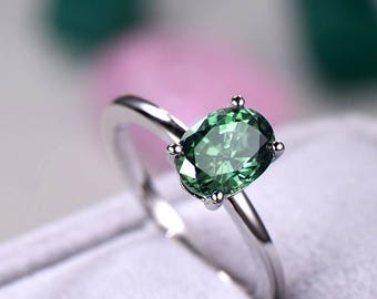 Alexandrite Engagement Ring Color Change Oval 925 Sterling Silver Solitaire Plain Wedding Band Minimalist Bridal Promise Ring Women Men Set