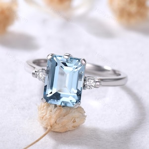 Emerald Cut Aquamarine White Gold Engagement Ring Sterling Silver March Birthstone Ring 3 Stone Ring Minimalist Blue Gemstone Ring for Women