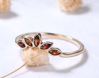Marquise Garnet Engagement Ring Band 14k Gold Vintage Leaf Red Gemstone Wedding Bridal Curved Stacking Ring January Birthstone Matching Ring