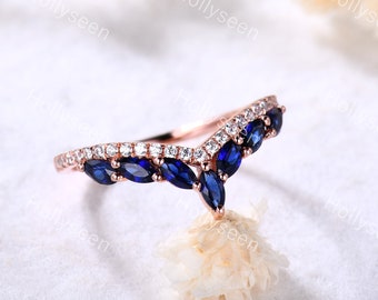 Blue Sapphire Wedding Ring Moissanite Wedding Band Rose Gold Marquise Wedding Band Vintage Ring Curved Wedding Band Dainty Ring Promise Ring