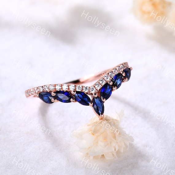 Blue Sapphire Wedding Ring Moissanite Wedding Band Rose Gold