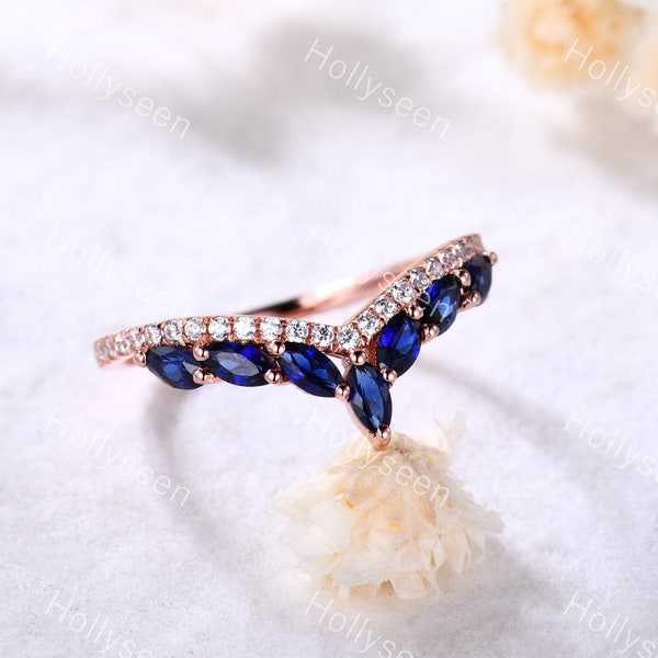 Blue Sapphire Wedding Ring Moissanite Wedding Band Rose Gold Marquise Wedding Band Vintage Ring Curved Wedding Band Dainty Ring Promise Ring