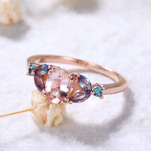 Vintage Oval Morganite Engagement Ring Rose Gold Eva Alexandrite Wedding Ring Sterling Silver Unique Women Promise Ring Antique Leaf Ring