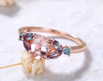 Vintage Oval Morganite Engagement Ring Rose Gold Eva Alexandrite Wedding Ring Sterling Silver Unique Women Promise Ring Antique Leaf Ring