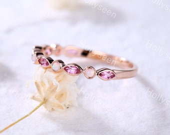 Opal Wedding Band Rose Gold Pink Tourmaline Ring Dainty Opal Ring Vintage Opal Ring Sterling Silver Ring Viking Ring Promise Ring for Women