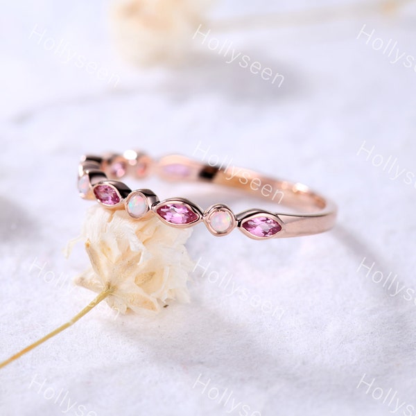 Opal Wedding Band Rose Gold Pink Tourmaline Ring Dainty Opal Ring Vintage Opal Ring Sterling Silver Ring Viking Ring Promise Ring for Women