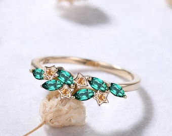 Starry Marquise Emerald Citrine Celestial Ring Solid Gold Green Yellow Gemstones Star Cluster Ring May November Birthstone Floral Leaf Ring