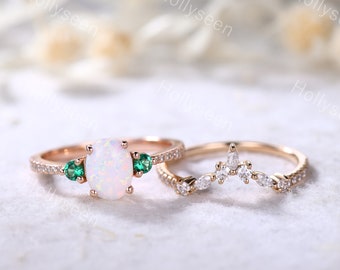 Opal Emerald Ring Set Silver 14k Rose Gold Fire Opal Bridal Set Engagement Ring Wedding Band Sets Stackable Women Anniversary Rings Gift