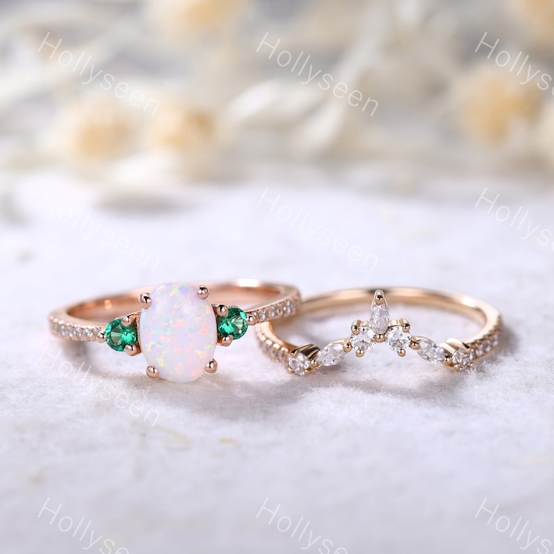 Opal Smaragd Ring Set Silber 14k Rose Gold Feueropal Braut Set Verlobungsring Ehering Sets stapelbar Frauen Jahrestag Ringe Geschenk