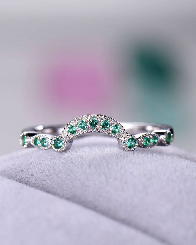 Green CZ Cubic Zirconia Diamond Wedding Band 925 Sterling Silver 14k White Gold Curved Engagement Ring U Shape Stacking Anniversary Gift