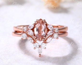 Zierlicher Morganit Verlobungsring Set Rose Gold Vintage Moissanit Ring Band Art Deco Unikat Hochzeit Braut Set für Frauen