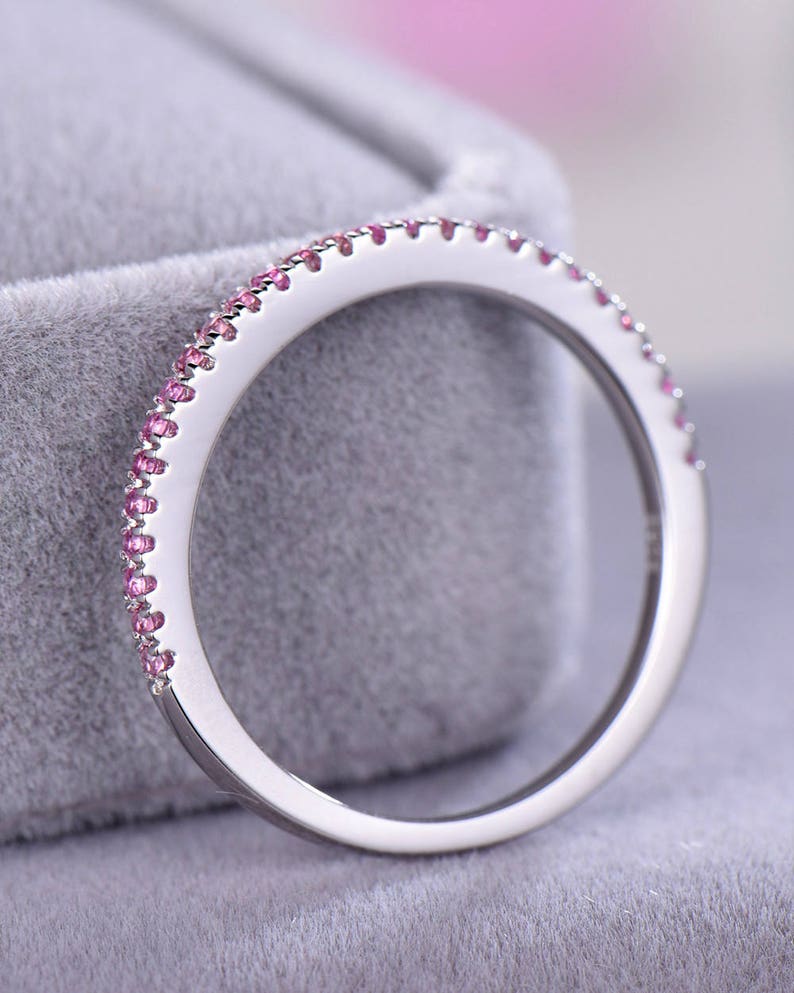 Pink Tourmaline Wedding Band 14k White Gold Half Eternity 925 Sterling Silver Pave Bridal Promise Stacking Matching Ring Anniversary Gift