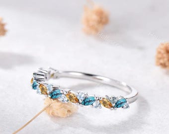 Marquise Turquoise Citrine Wedding Band Silver White Gold Blue Topaz Half Eternity Cluster Gemstones Stackable Ring Blue Yellow Stack Ring