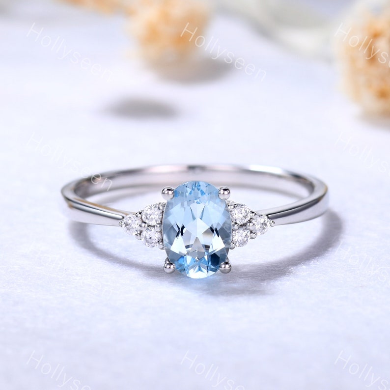 Oval Aquamarine Engagement Ring White Gold Cluster Moissanite Ring Vintage Blue Birthstone Ring Dainty Women Gemstone Ring Promise Ring image 2