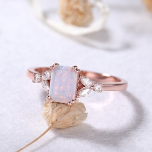 Emerald Cut White Opal Rose Gold Engagement Ring Marquise Moissanite Ring Dainty October Birthstone Ring Minimalist Ring for Women Gift