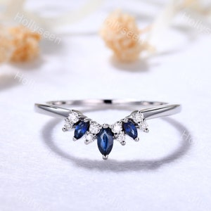 Marquise Blue Sapphire Wedding Band White Gold Moissanite Engagement Ring Curved Wedding Band Dainty Ring Bridal Promise Ring for Women