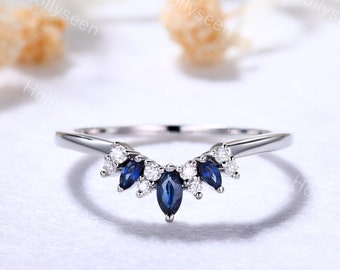 Marquise Blue Sapphire Wedding Band White Gold Moissanite Engagement Ring Curved Wedding Band Dainty Ring Bridal Promise Ring for Women