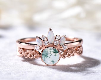 Natural Moss Agate Engagement Ring Set Opal Wedding Ring Set Silver Stackable Ring Vintage Ring Unique Ring Promise Ring Bridal Ring Set
