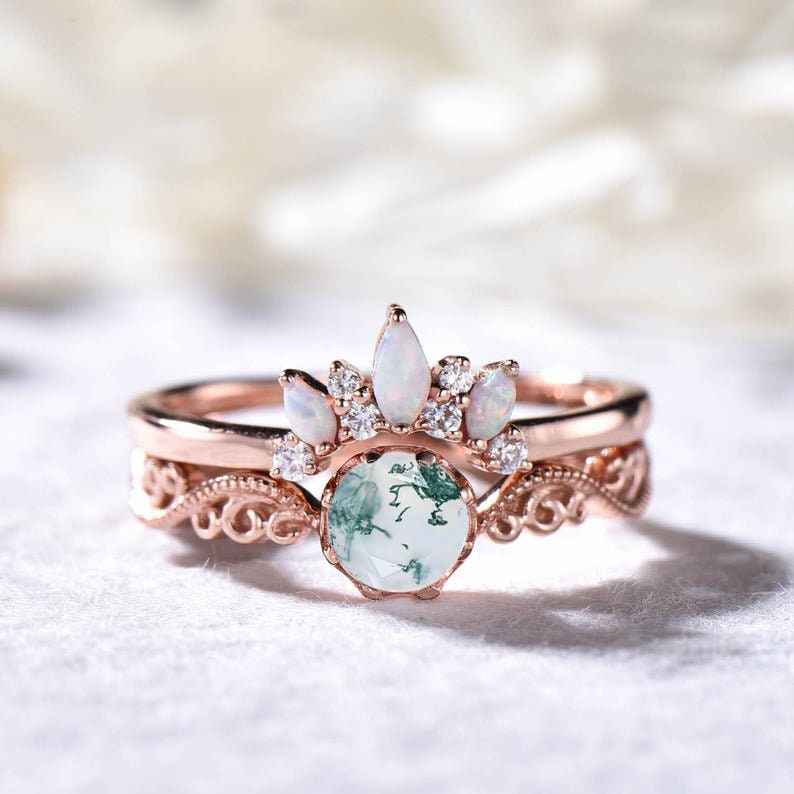 Natural Moss Agate Engagement Ring Set Opal Wedding Ring Set Silver Stackable Ring Vintage Ring Unique Ring Promise Ring Bridal Ring Set 