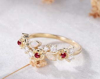 Nature Inspired Opal Ruby Floral Rose Wedding Band Solid 14k Yellow Gold Red Gemstones Flower Leaf Stackable Ring July Birthstone Stack Ring