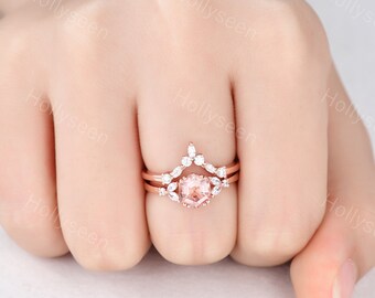 Unikat Morganit Verlobungsringe Sechseck Schliff Rose Gold Vintage Marquise Schliff Moissanit Ring Art Deco Hochzeit Braut Set für Frauen