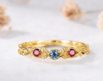 Alexandrite Ruby 3 Stones Leaf Wedding Band Solid 14k Yellow Gold June July Birthstone Stack Ring Nature Inspired Twig Vine Branch Gift