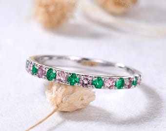 2mm Pink Tourmaline Emerald Wedding Band Silver White Gold Half Eternity May and October Birthstone Stacking Ring Personalized Gemstone Ring