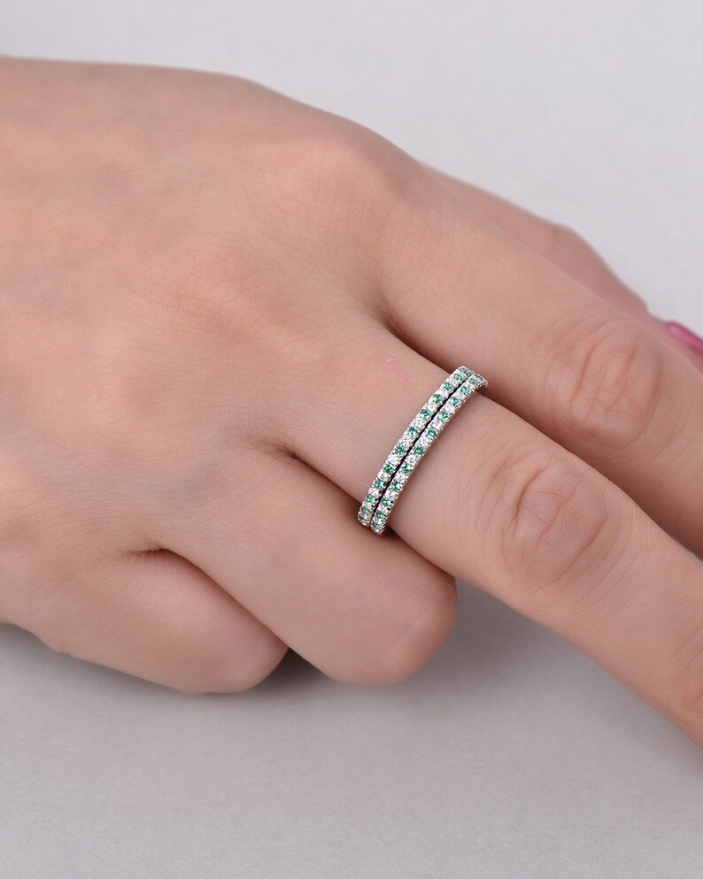 Lab Created Emerald CZ Diamond Wedding Band Set Engagement Etsy