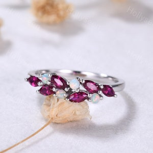 Vintage Opal Ruby White Gold Engagement Ring Sterling Silver Birthstone Ring Cluster Gemstone Ring Dainty Women Bridal Promise Gift for Her