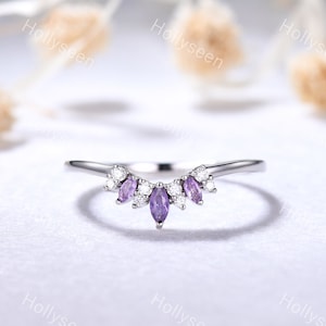 Moissanite Amethyst Wedding Ring Band 14k White Gold Marquise February Birthstone Engagement Stacking Ring Vintage Promise Ring for Women