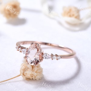 Dainty Pear Morganite Moissanite Ring 14k Rose Gold Teardrop Pink Morganite 3 Stone Ring Solitaire Ring Bridal Promise Ring Gift for Women