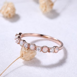 Dainty Opal Moissanite Engagement Ring Band 14k Rose Gold Stacking Wedding Ring Delicate Birthstone Women Gift Bridal Promise Ring for her