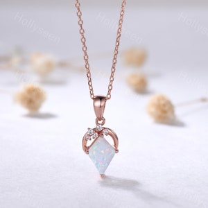 Vintage Kite Cut Opal Rose Gold Pendant Art Deco Moissanite Necklace Unique Moon Necklace Dainty Women Bridal Gift Anniversary Gift for Her